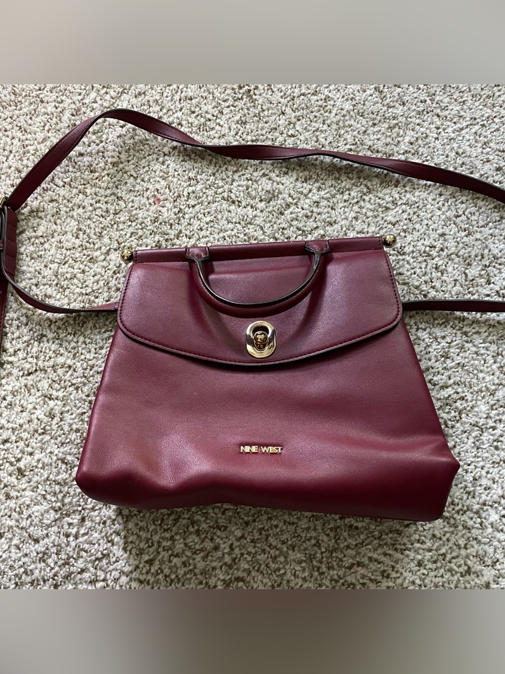 Nine West Burgundy Structured Top-Handle Satchel with Crossbody Strap